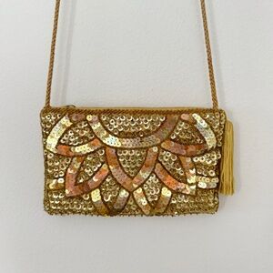 Vintage Gold Sequin Purse Beaded Design & Tassel Evening Formal Bridal Holiday